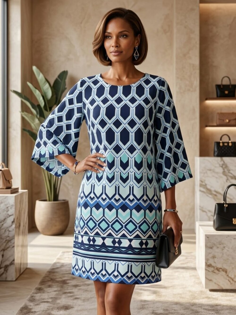 Chico's Geometric Printed Kimono Shift Dress Size 3 (US 16/18) Aqua